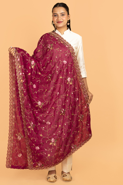 Ruby Red Organza Zari Embroidered Dupatta