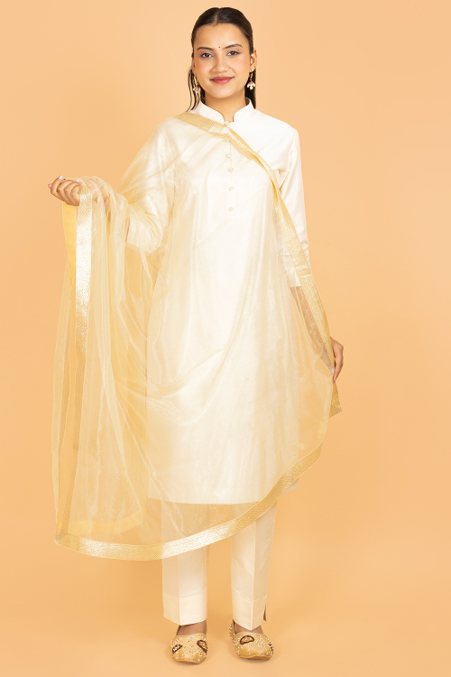 Cream Net Lace Dupatta 