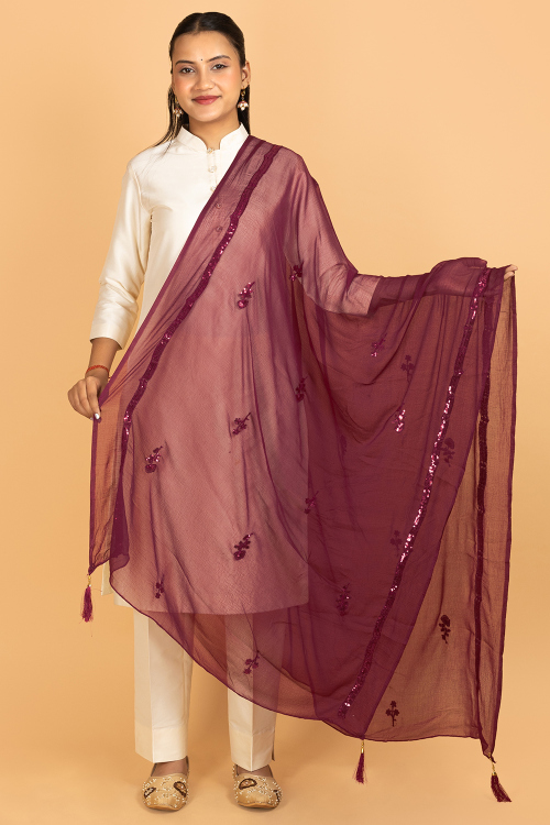 Burgundy Maroon Chiffon Sequins Embroidered Dupatta 