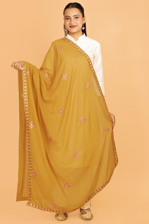 Mustard Yellow Georgette Resham Thread Embroidered Dupatta 