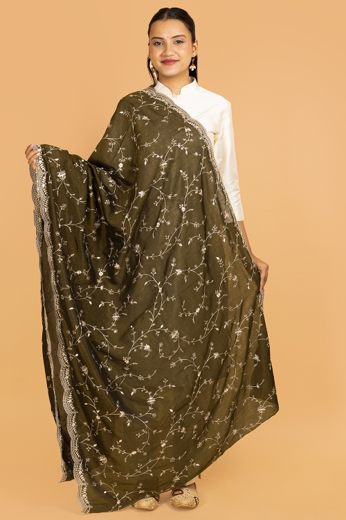 Olive Green Chinnon Thread Embroidered Dupatta 