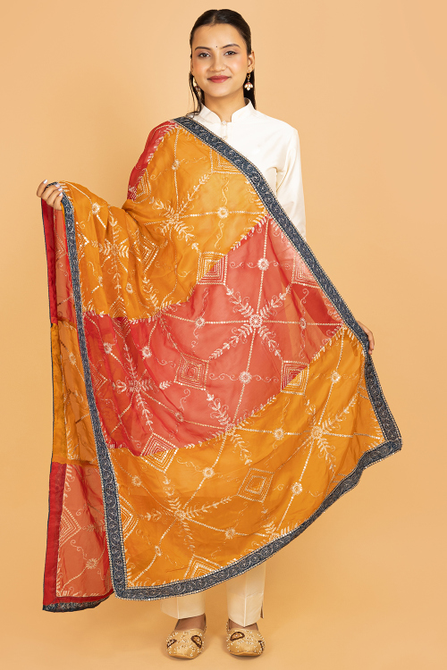 Multi Color Organza Zari Embroidered Dupatta
