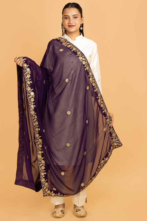 Plum Purple Georgette Zari Embroidered Dupatta 
