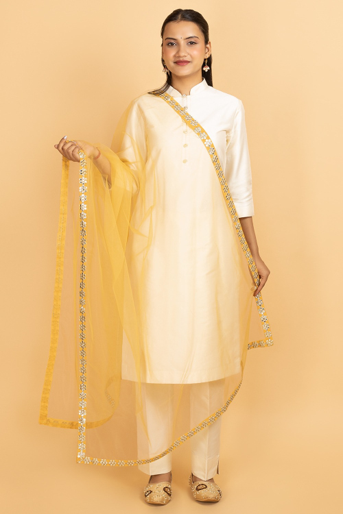Mustard Yellow Net Faux Mirror Dupatta