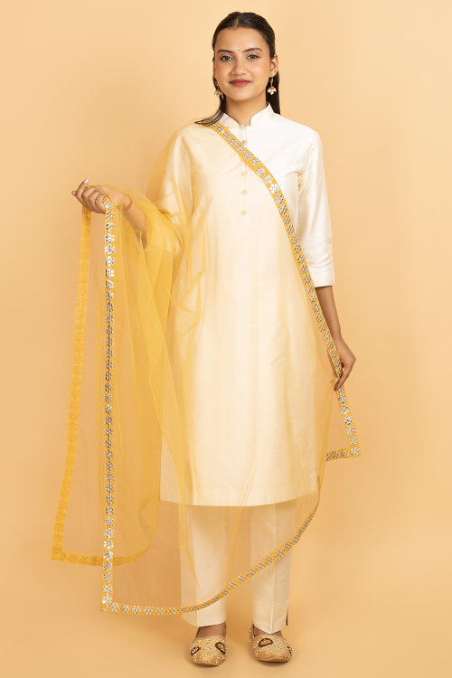 Mustard Yellow Net Faux Mirror Dupatta