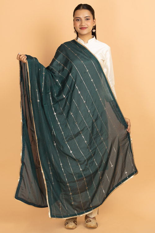 Teal Green Chinnon Sequins Embroidered Dupatta
