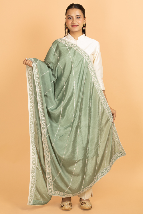Pistachio Green Chinnon Thread Embroidered Dupatta