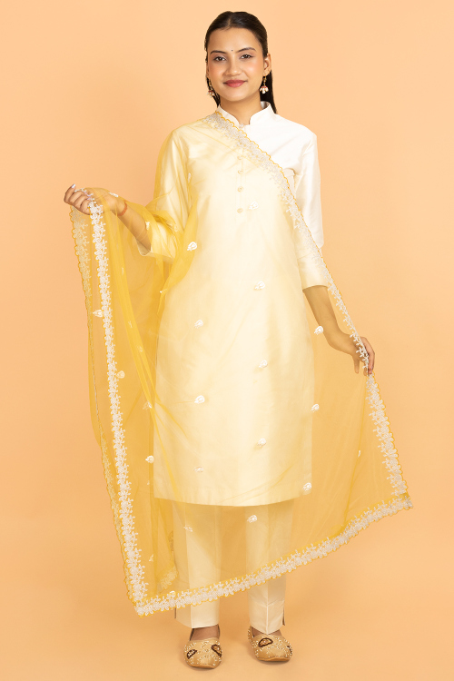 Mustard Yellow Net Dori Embroidered Dupatta