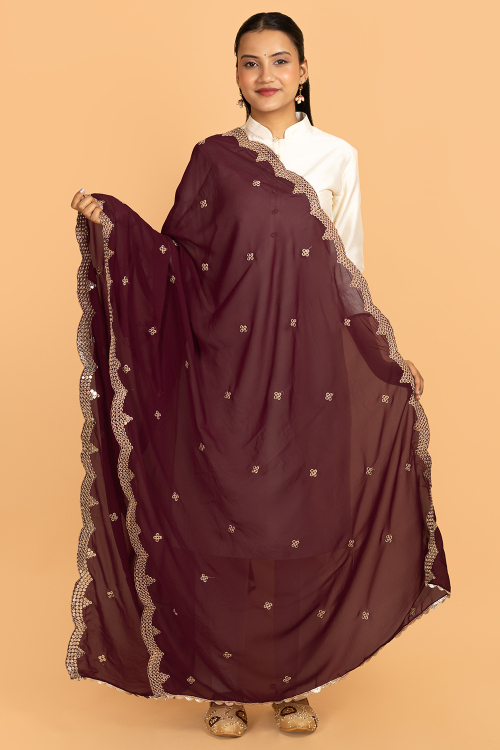 Wine Maroon Georgette Sequins Embroidered Dupatta