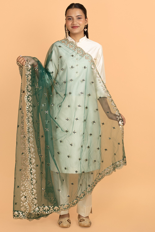 Teal Green Net Embroidered Dupatta