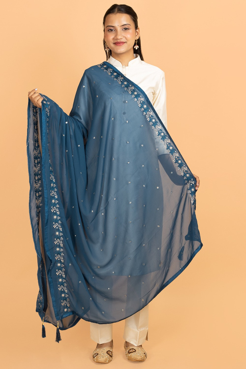 Sea Blue Georgette Embroidered Dupatta