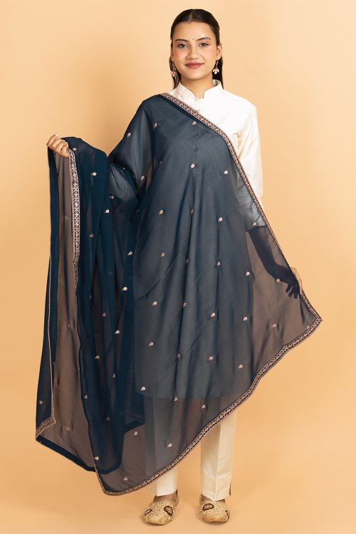 Teal Blue Georgette Sequins Embroidered Dupatta