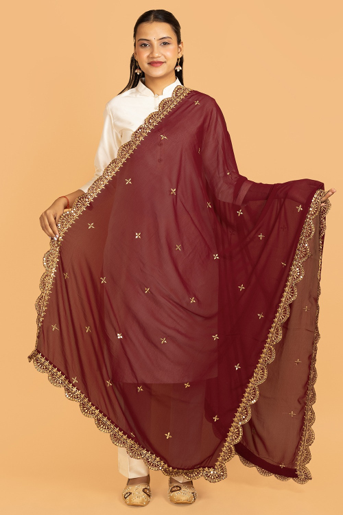 Maroon Georgette Sequins Embroidered Dupatta