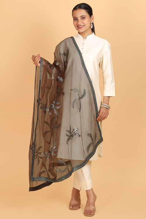 Dark Brown Net Lace Embroidered Dupatta