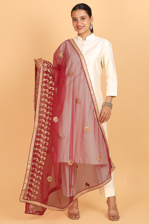 Red Net Stone Embroidered Lace Dupatta