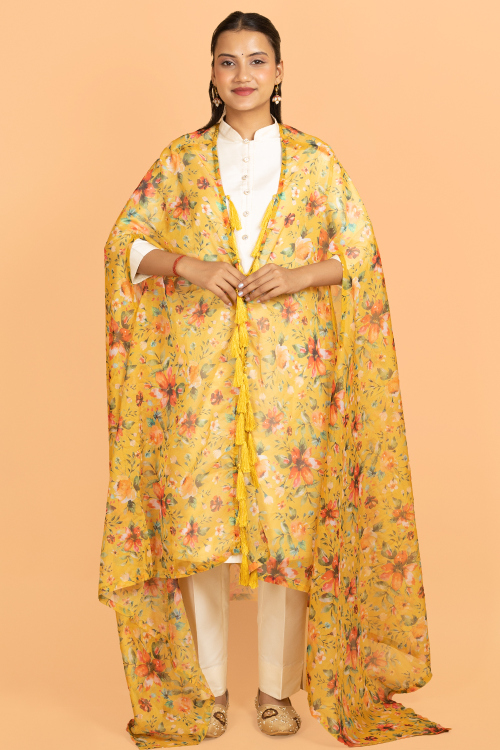 Mustard Yellow Shrug Style Organza Printed Dupatta