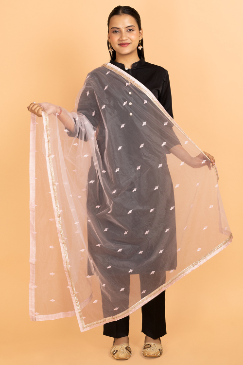 Light Pink Net Lace Embroidered Dupatta