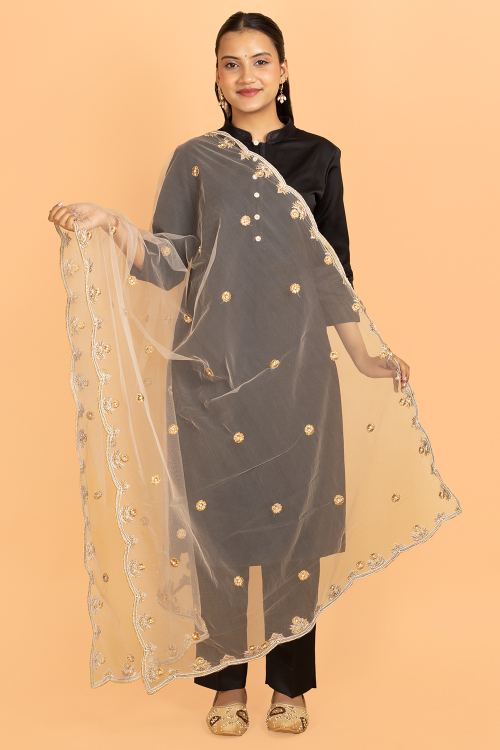 Oat beige Net Thread Embroidered Dupatta