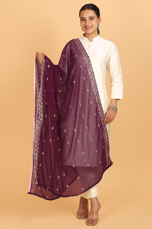 Burgundy Maroon Georgette Thread Embroidered Dupatta