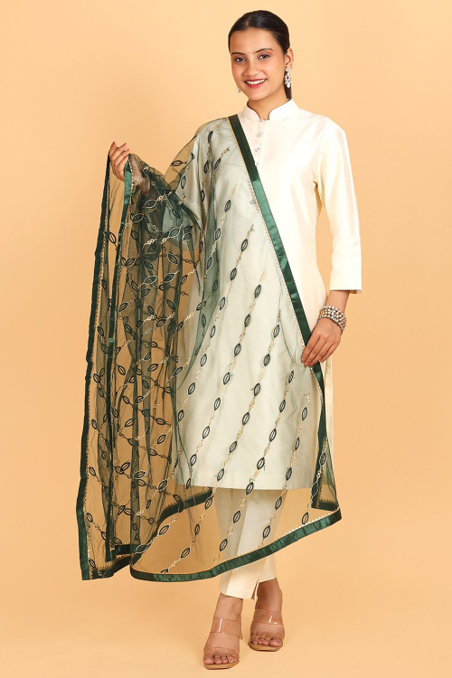 Bottle Green Net Thread Embroidered Dupatta