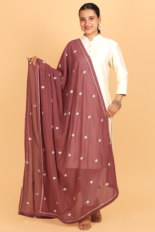 Mauve Pink Georgette Thread Embroidered Dupatta 