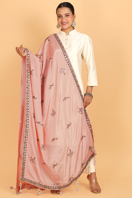 Light Peach Chinnon Embroidered Dupatta