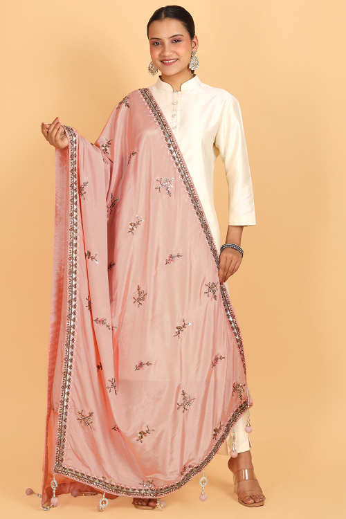 Light Peach Chinnon Embroidered Dupatta