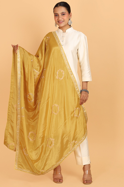Mustard Yellow Chinnon Thread Embroidered Dupatta
