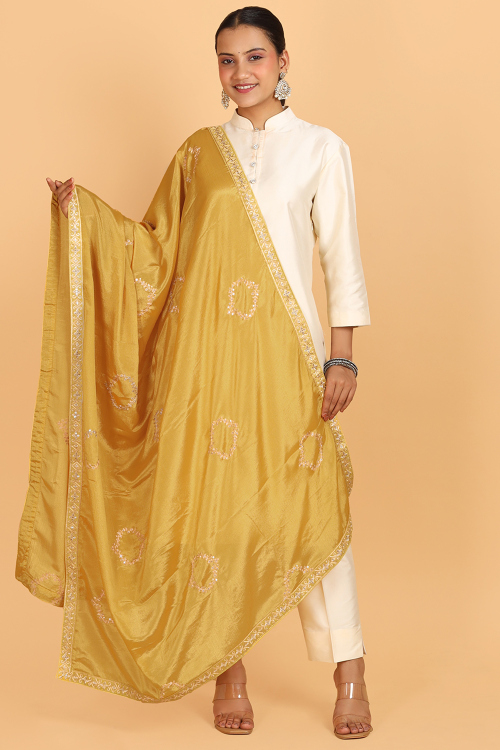 Mustard Yellow Chinnon Thread Embroidered Dupatta