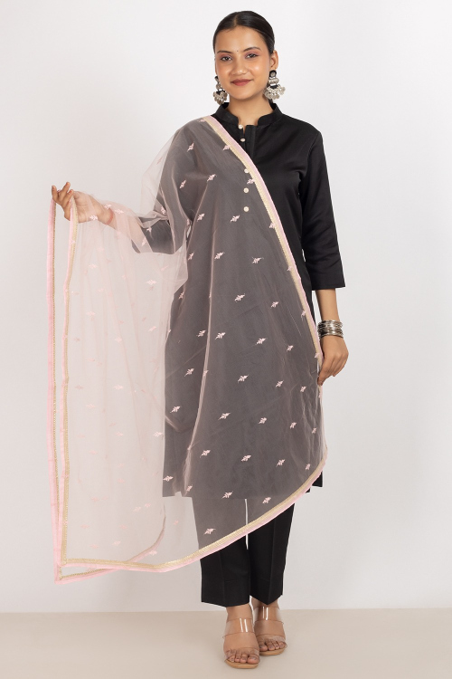 Pale Pink Net Thread Embroidered Dupatta
