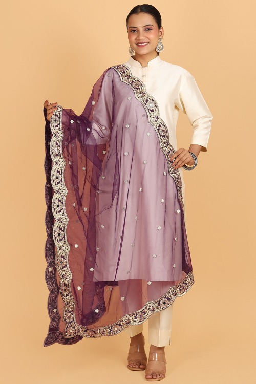 Plum Purple Net Embroidered Dupatta 
