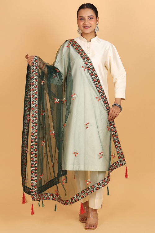 Embroidered Lace Net Dark Green Dupatta