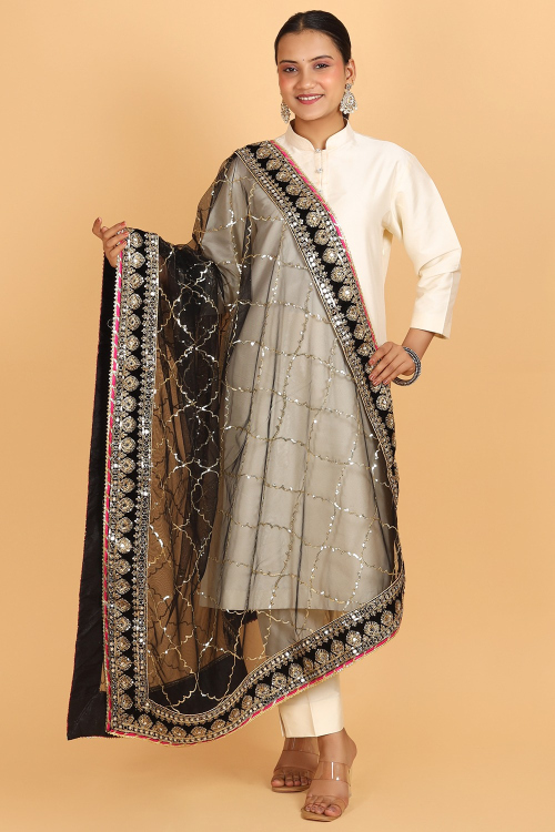 Net Zari Sequines Embroidered Dupatta With Lace In Black