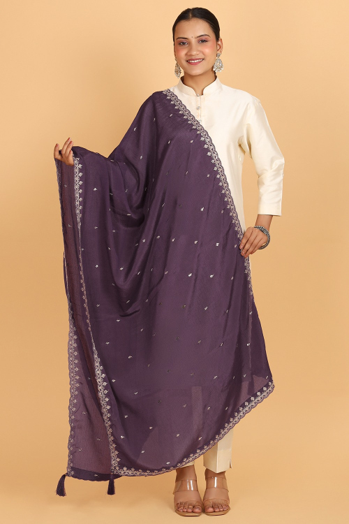 Plum Purple Chinnon Zari Embroidered Dupatta