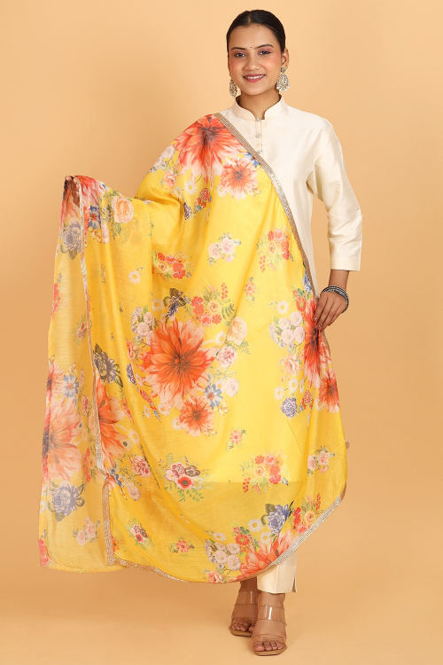 Mustard Yellow Floral Printed Organza Dupatta With Lace