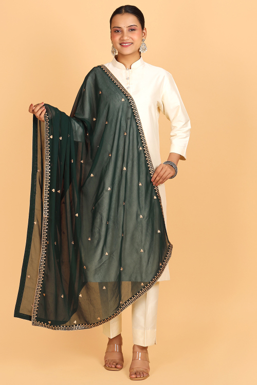 Bottle Green Georgette Zari Embroidered Dupatta
