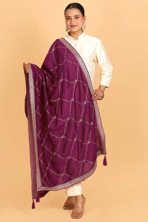 Burgundy Maroon Chinnon Zari Embroidered Dupatta