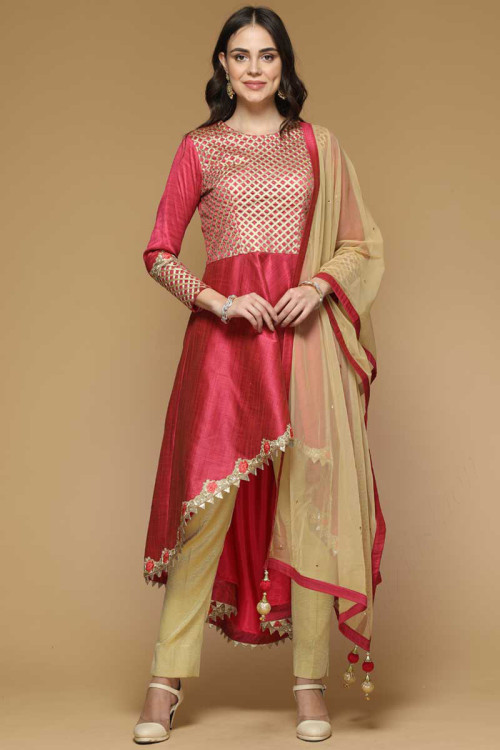 Dupion Silk Eid Anarkali Suit In Red Color