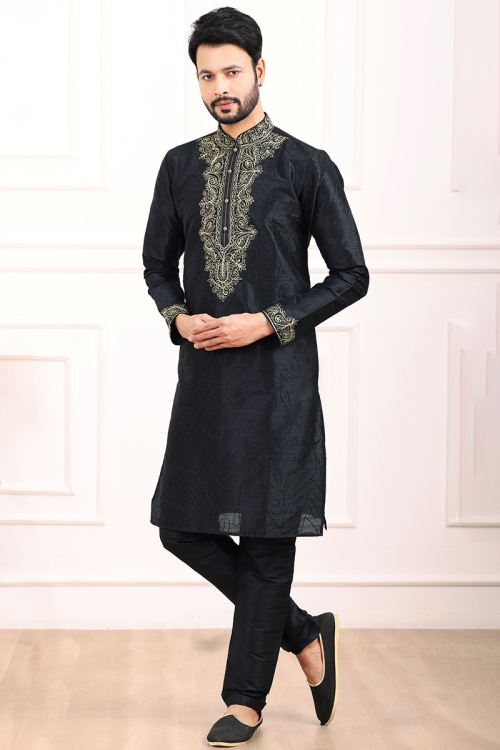 Dupion Silk Black Embroidered Side Slit Men's Kurta Pajama 