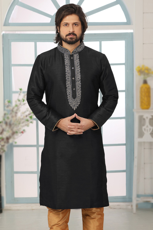 Dupion Silk Black Embroidered Straight Cut Men's Kurta