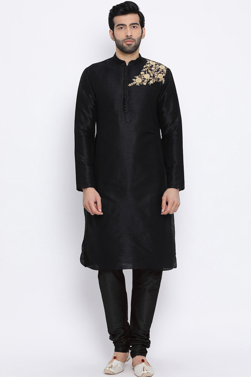 Dupion Silk Black Embroidered Straight Cut Men's Kurta With Churidar