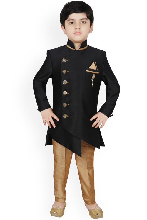 Dupion Silk Black Kid's Sherwani