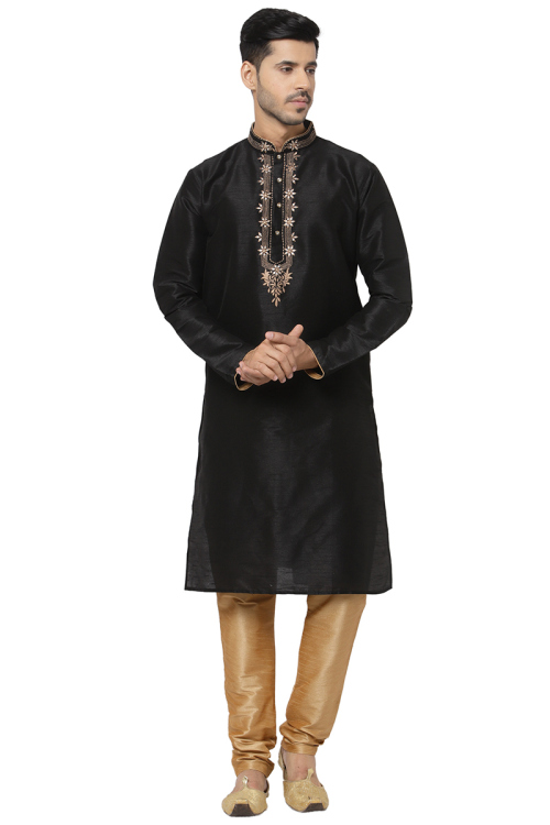 Dupion Silk Men Kurta Pajama in Black for Wedding 