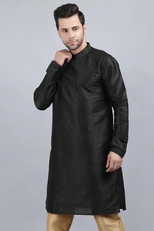 Dupion Silk Black Plain Straight Cut Men's Kurta 