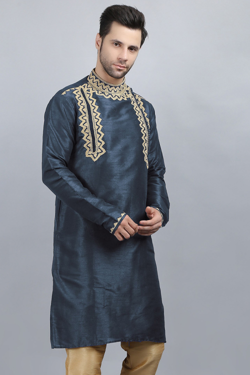 Dupion Silk Bluish Grey Dori Embroidered Men's Kurta