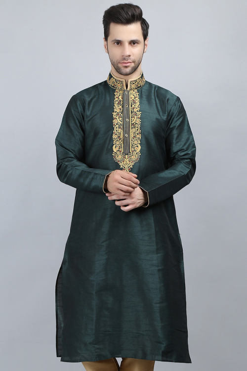 Dupion Silk Bottle Green Men's Embroidered Kurta 
