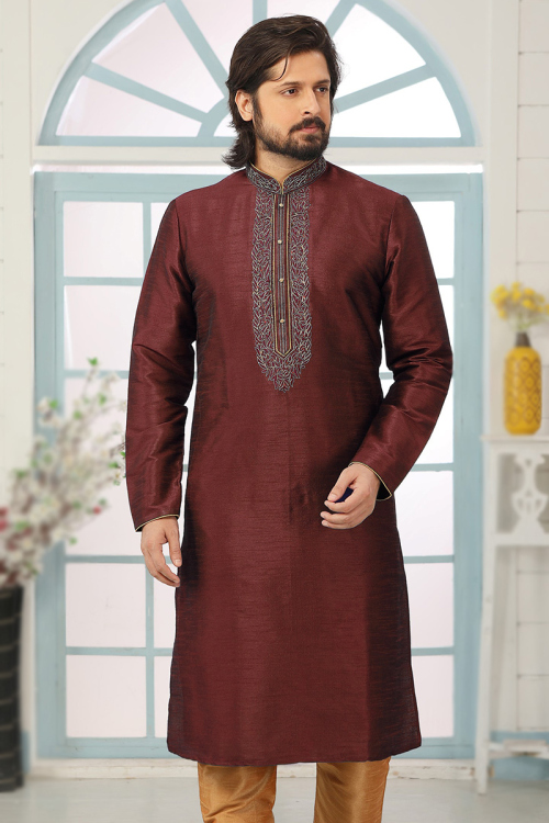 Dupion Silk Burgundy Maroon Embroidered Men's Kurta 