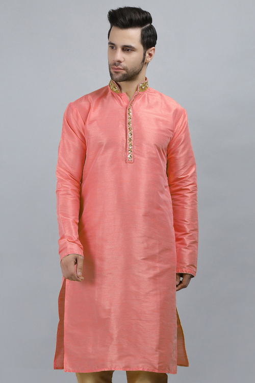 Dupion Silk Coral Pink Patch Embroidered Kurta for Men