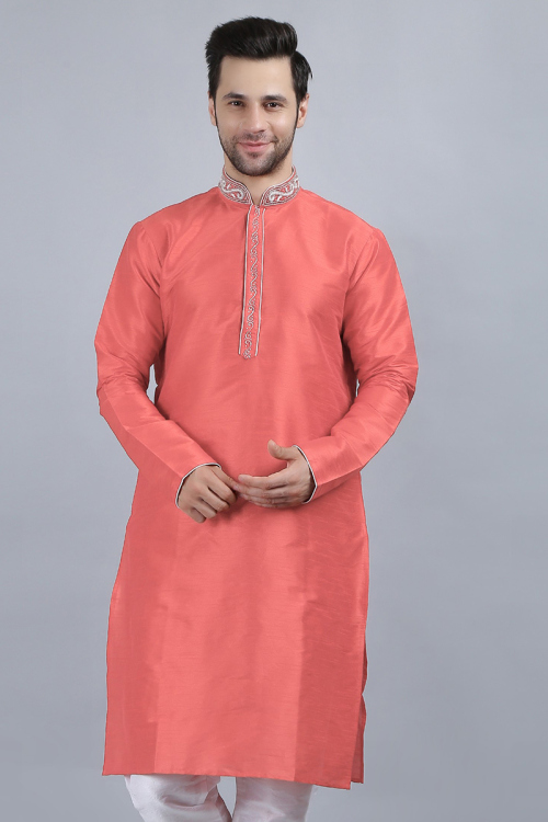 Dupion Silk Coral Pink Patch Embroidered Mandarin Collared Kurta