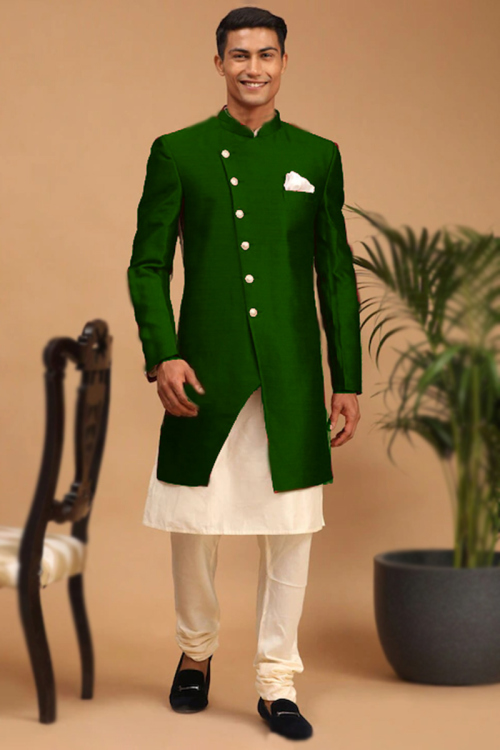 Dupion Silk Cream Beige Jacket Style Men's Kurta Churidar 